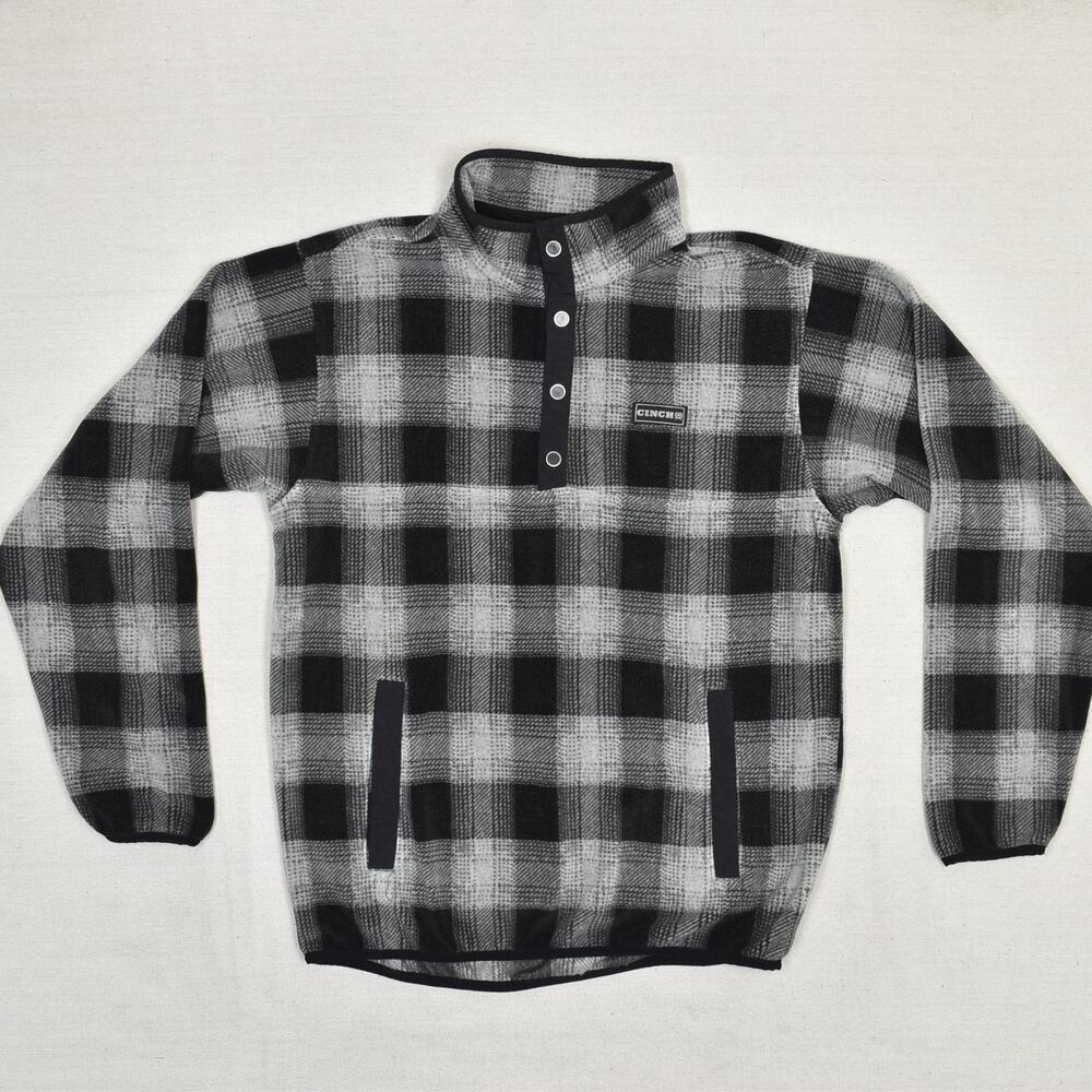 Cinch Men's Snap Pullover Sweater Polyester Black Plaid Size S Fleece Pockets